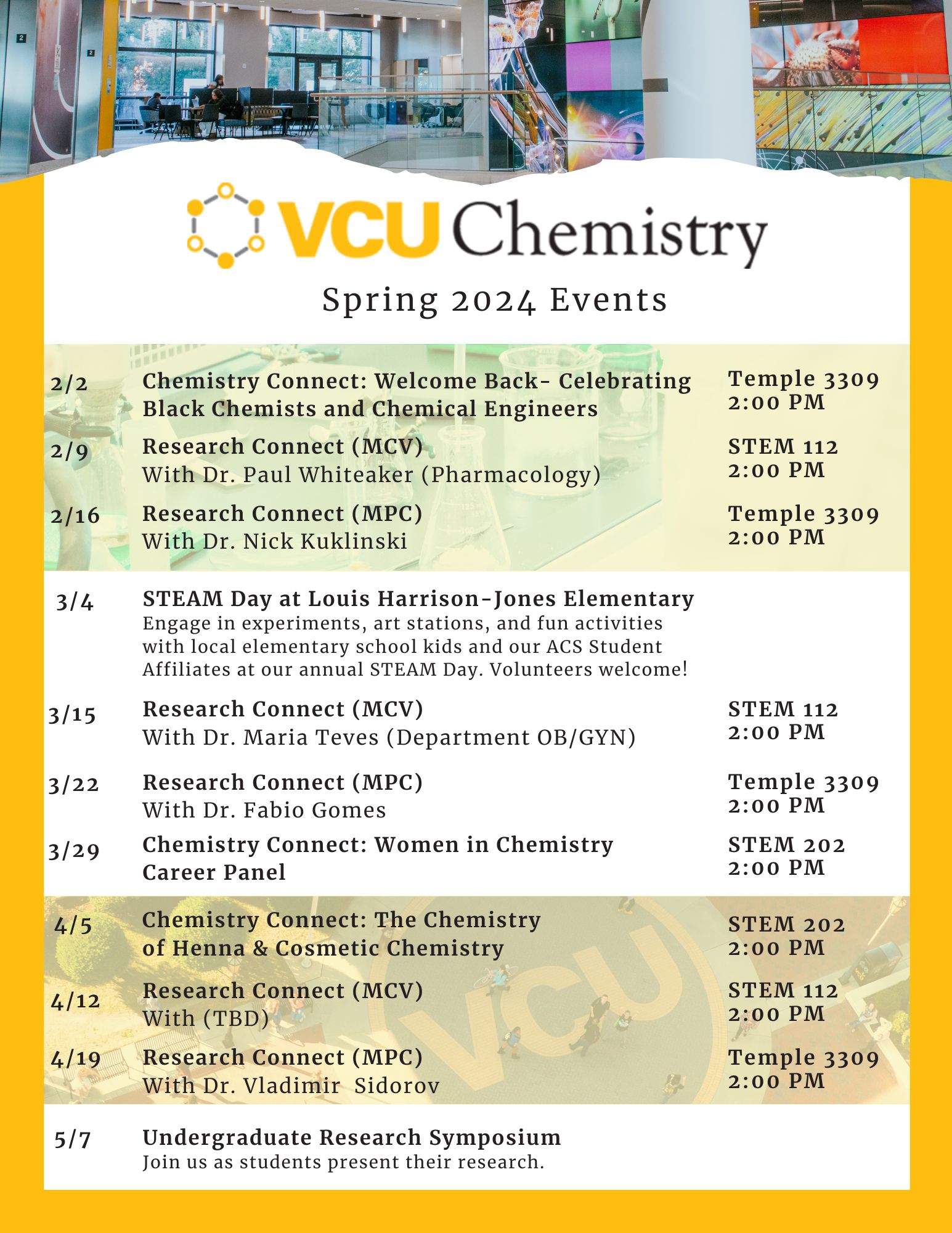 A flier filled with events for the spring 2024 semester